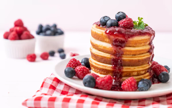 Stack of pancakes topped with raspberry and blueberry jam and fresh berries, set on a red checkered cloth, captured in 8K Ultra HD as a still life breakfast scene.
