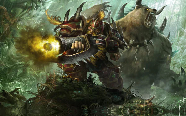 A fierce fantasy dwarf warrior clad in heavy armor fires a large weapon in a dense forest, accompanied by a roaring bear, depicted in HD detail.