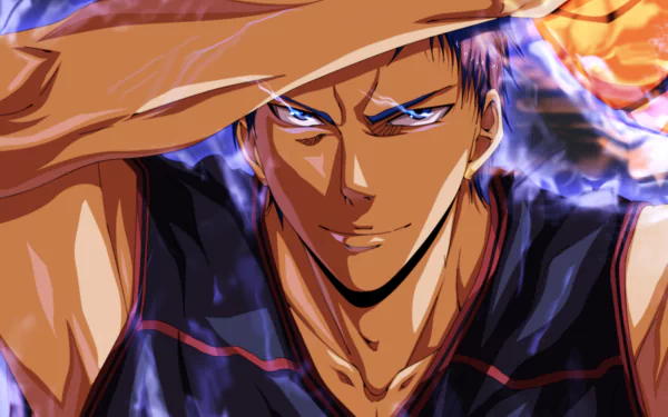 HD PC desktop wallpaper featuring Daiki Aomine from the anime Kuroko's Basketball, showcasing his intense gaze and dynamic basketball action.