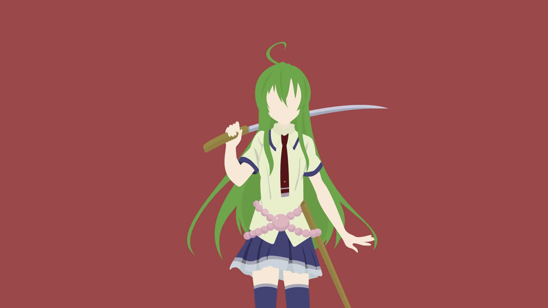 Satori Tamaba from Armed Girl's Machiavellism — 4K Ultra HD PC desktop anime wallpaper: green-haired schoolgirl in uniform holding a sword on a solid maroon background.
