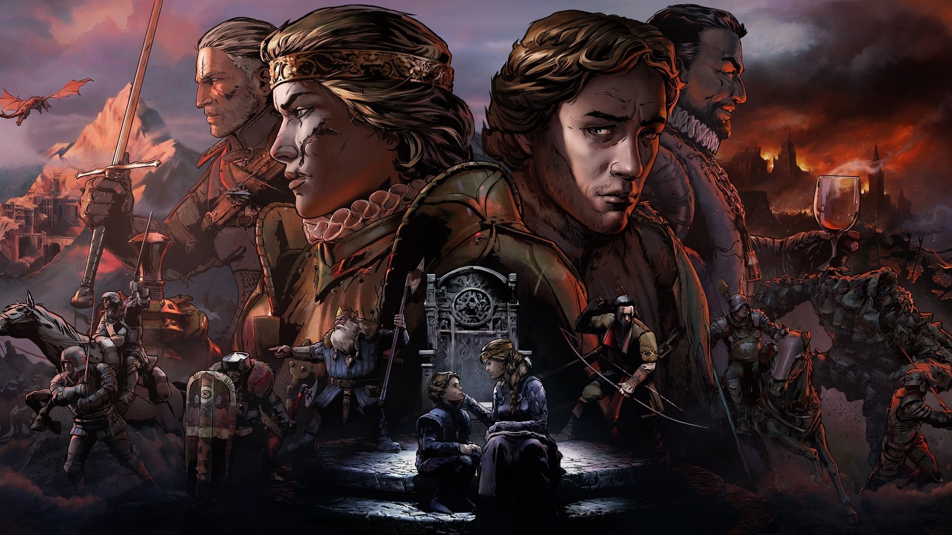 HD desktop wallpaper featuring characters and scenes from Thronebreaker: The Witcher Tales with a dramatic battle backdrop.