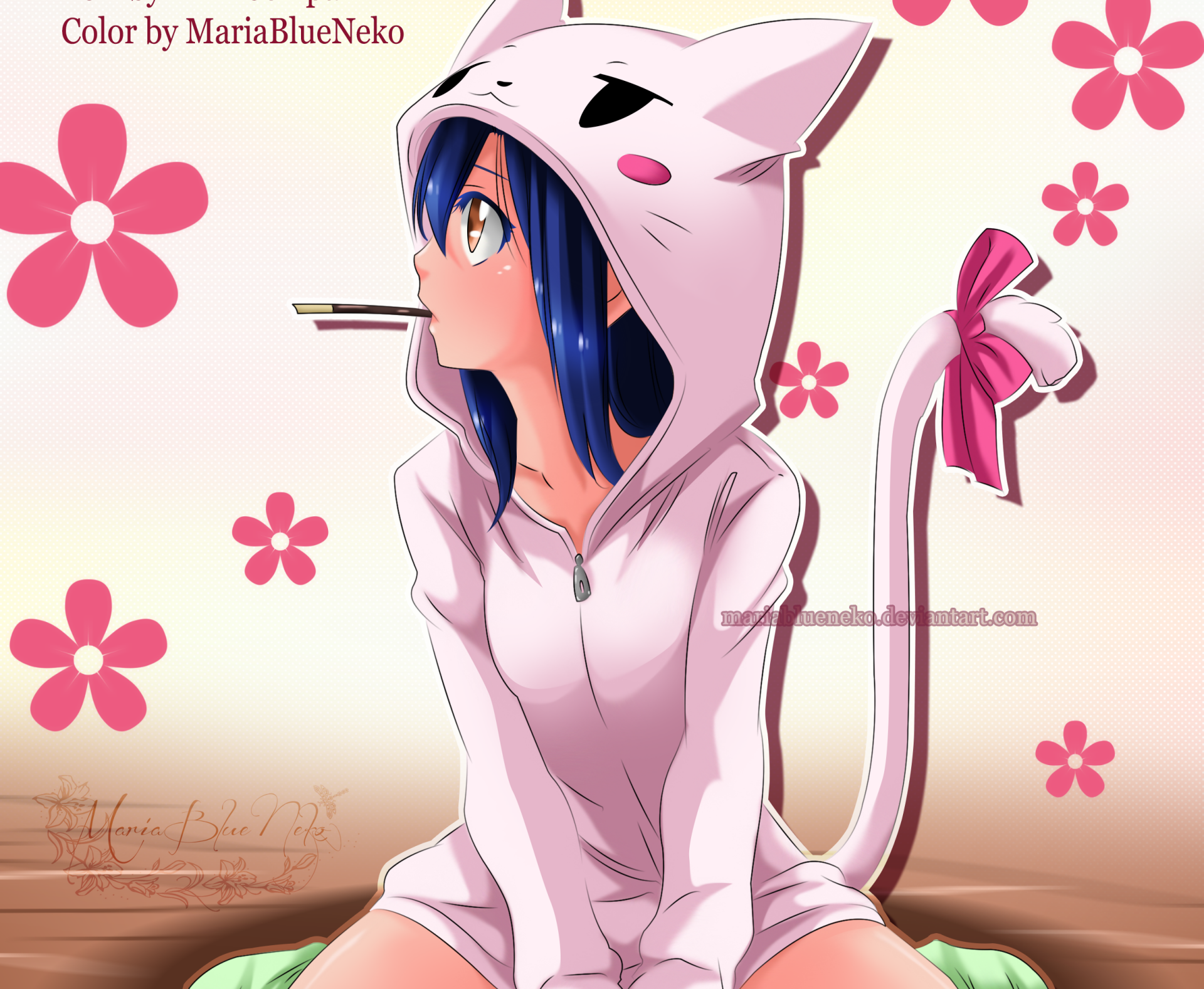 Wendy Marvell from the anime Fairy Tail in a white cat hoodie with a pink tail and flowers, featured in a HD PC desktop wallpaper and background.