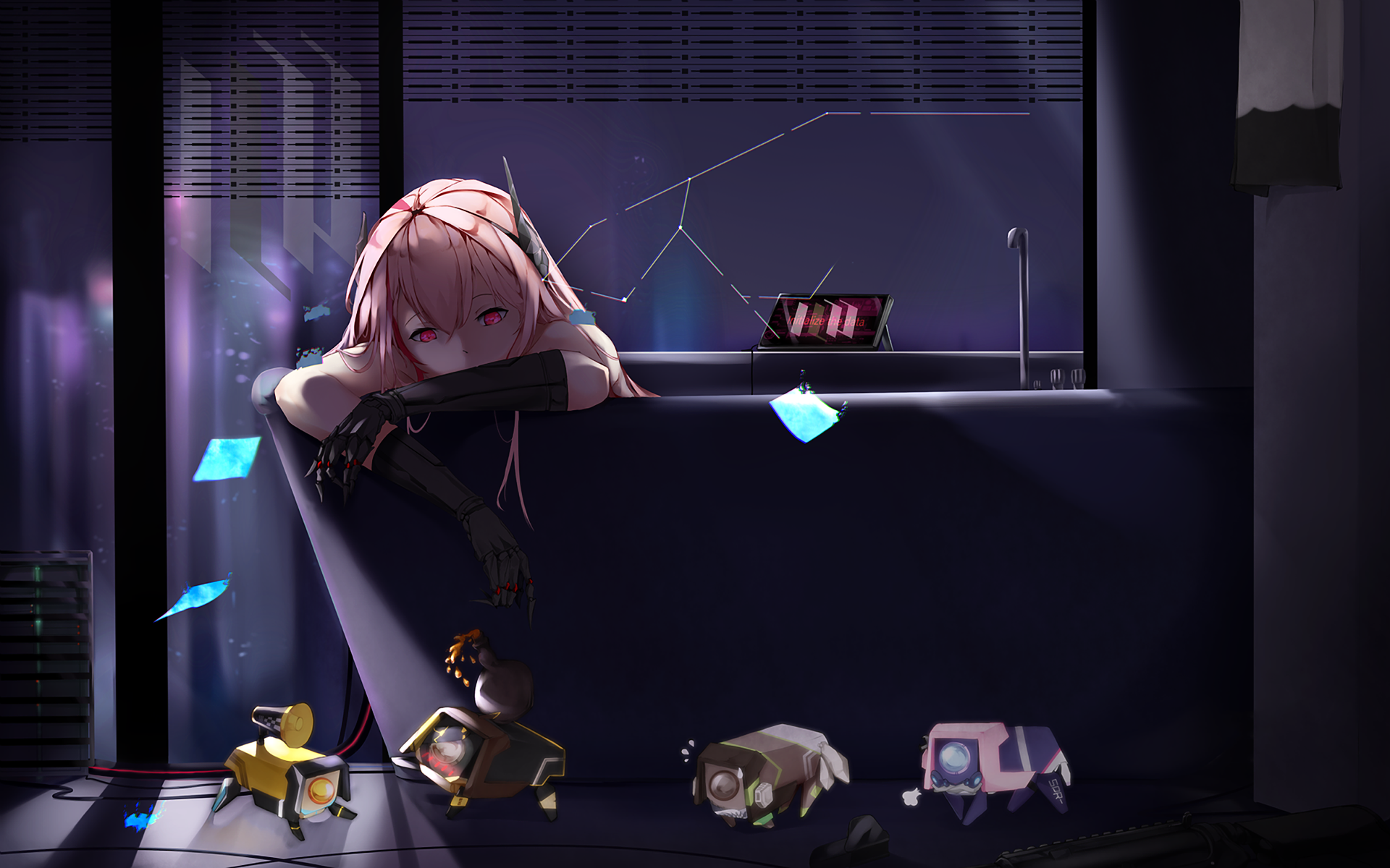 HD wallpaper featuring M4 Sopmod II from the video game Girls Frontline, resting her head on a surface with her hand raised. The background has a dark, futuristic aesthetic with robotic toys scattered below.