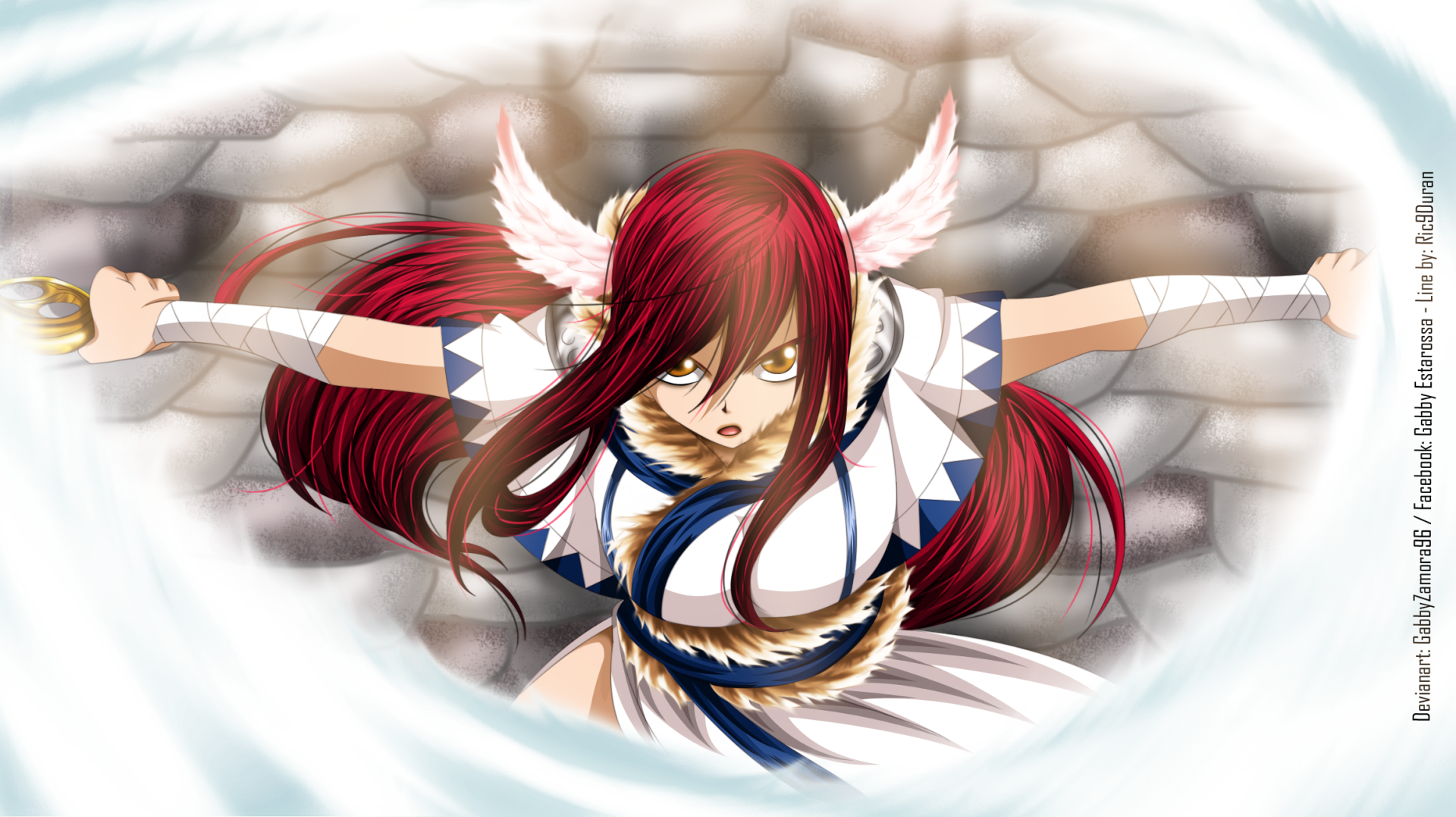 HD PC desktop wallpaper and background of Erza Scarlet (Fairy Tail anime): red‑haired warrior lunging forward with winged hairpieces, rope-wrapped outfit and swirling wind before a stone wall.