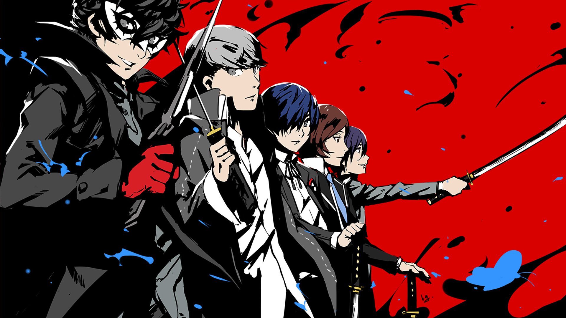 Yu Narukami from Persona 2, Persona 3, and Persona 4, along with Joker from Persona 5, are featured in a vibrant video game wallpaper.