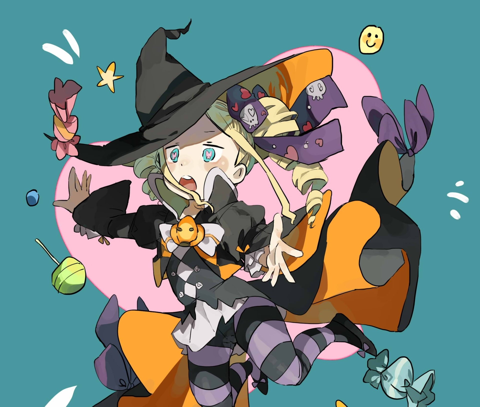 HD anime Halloween wallpaper featuring Beatrice from Re:Zero in a witch costume with blonde hair and blue eyes, surrounded by Halloween treats and decorations.