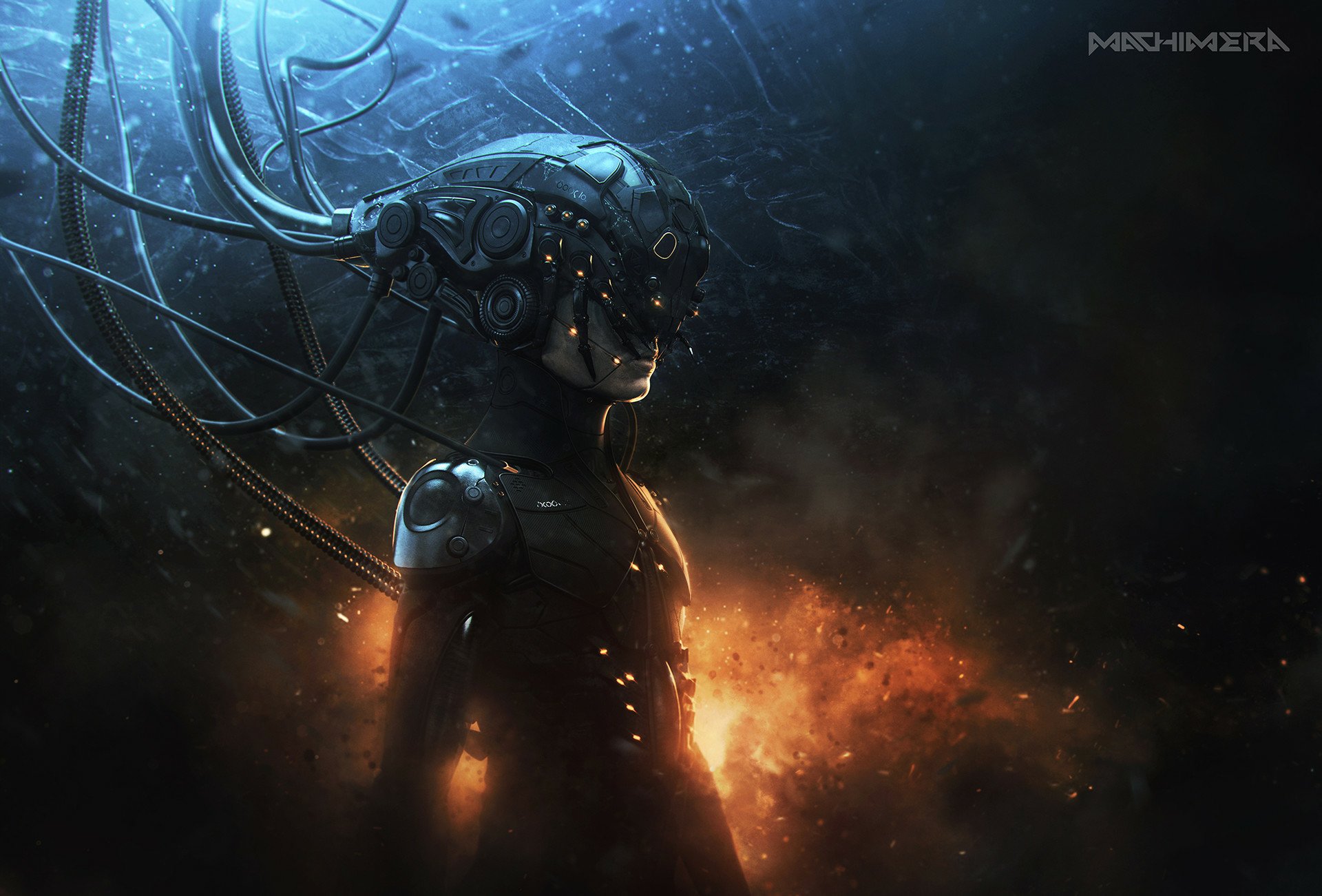 HD sci-fi desktop wallpaper depicting a futuristic woman with cybernetic enhancements and glowing elements, surrounded by dark, smoky, and fiery atmosphere.