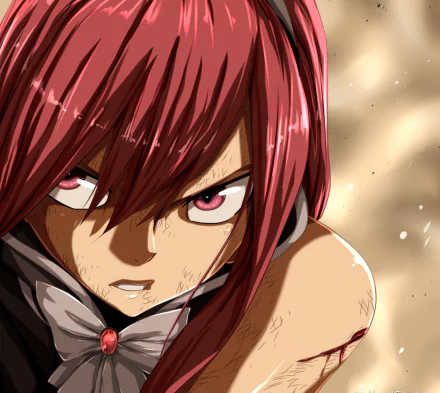HD PC desktop wallpaper featuring Erza Scarlet from the anime Fairy Tail, showcasing her intense expression and dynamic red hair.