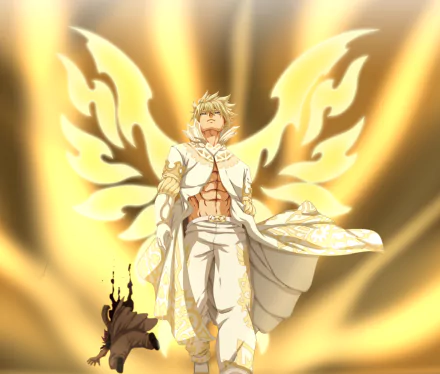 HD desktop wallpaper featuring Natsu Dragneel from Fairy Tail, showcasing an epic, glowing scene with Natsu standing confidently, adorned in white and gold, surrounded by radiant, fiery wings.

