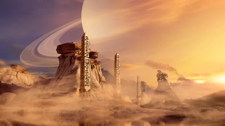 HD PC desktop wallpaper: towering obelisks rise from a misty fantasy landscape beneath a golden sky and a distant ringed planet.