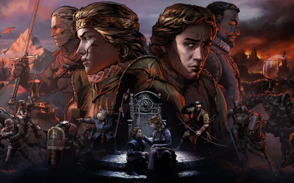 HD desktop wallpaper featuring characters and scenes from Thronebreaker: The Witcher Tales with a dramatic battle backdrop.