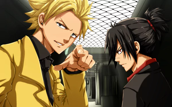 HD anime desktop wallpaper featuring Fairy Tail characters Sting Eucliffe and Rogue Cheney in a dynamic pose inside an industrial setting.