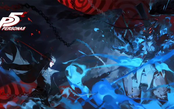 HD desktop wallpaper featuring Joker from the video game Persona 5 in a dynamic, colorful battle scene with red and blue contrasting effects.