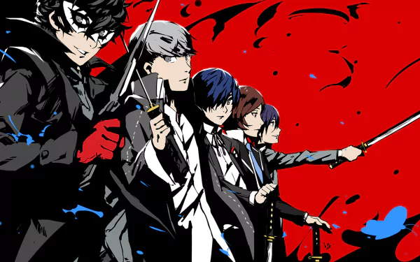 HD desktop wallpaper featuring characters Yu Narukami, Joker, and other personas from Persona 2, Persona 3, and Persona 5, against a dynamic red and black artistic background.