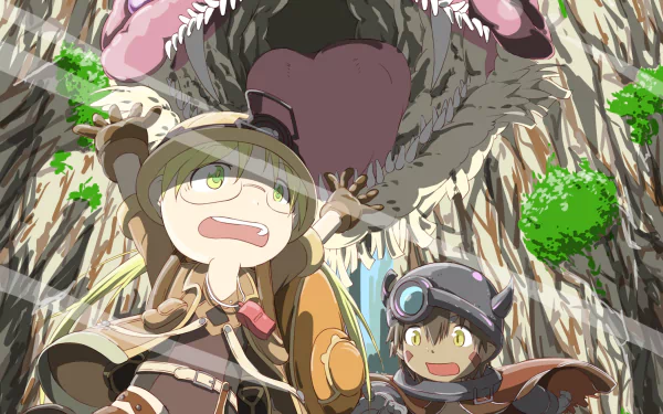HD anime desktop wallpaper of Reg and Riko from Made in Abyss, scrambling inside a towering cavern as a monstrous maw looms overhead.