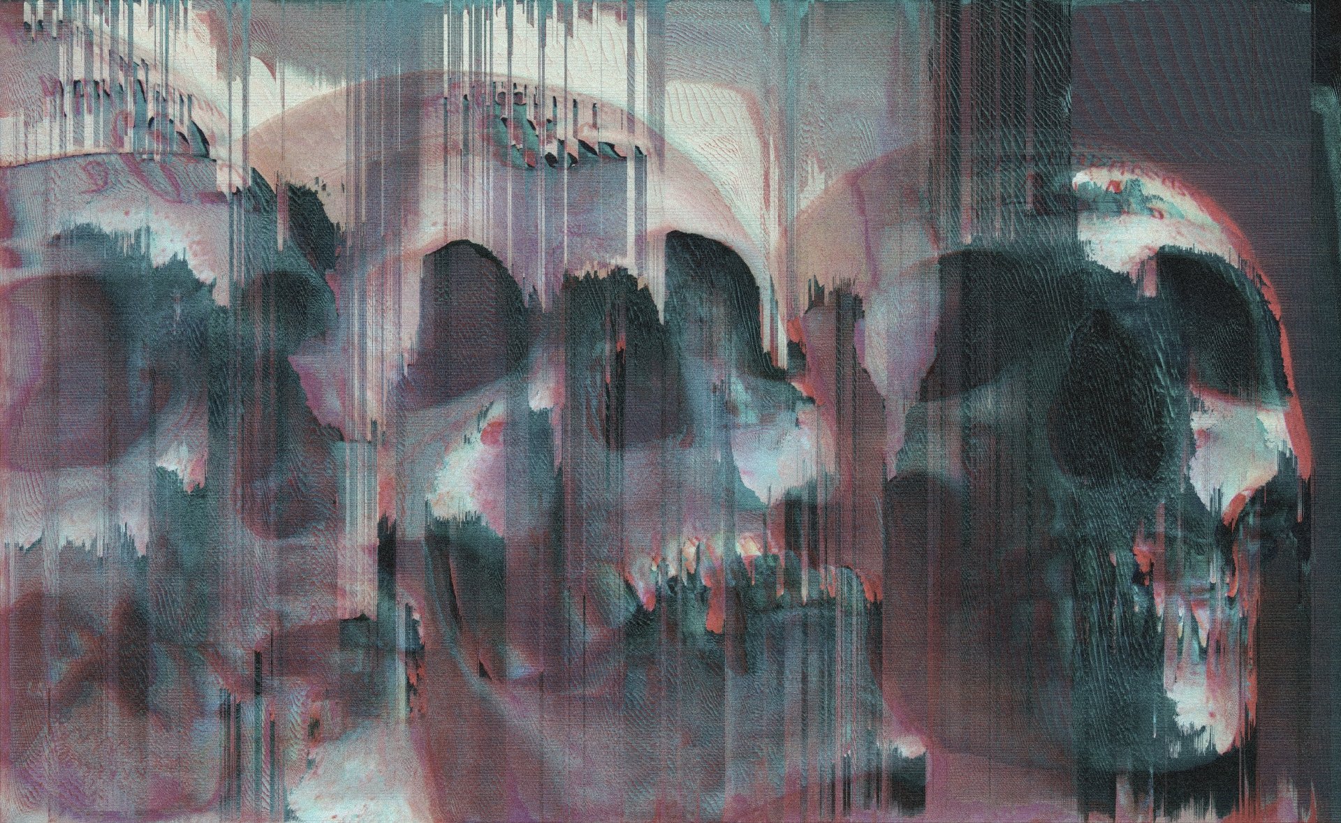Dark glitch-art 5K Ultra HD PC desktop wallpaper of distorted human skulls, layered with vertical drips, chromatic separation, and digital noise.