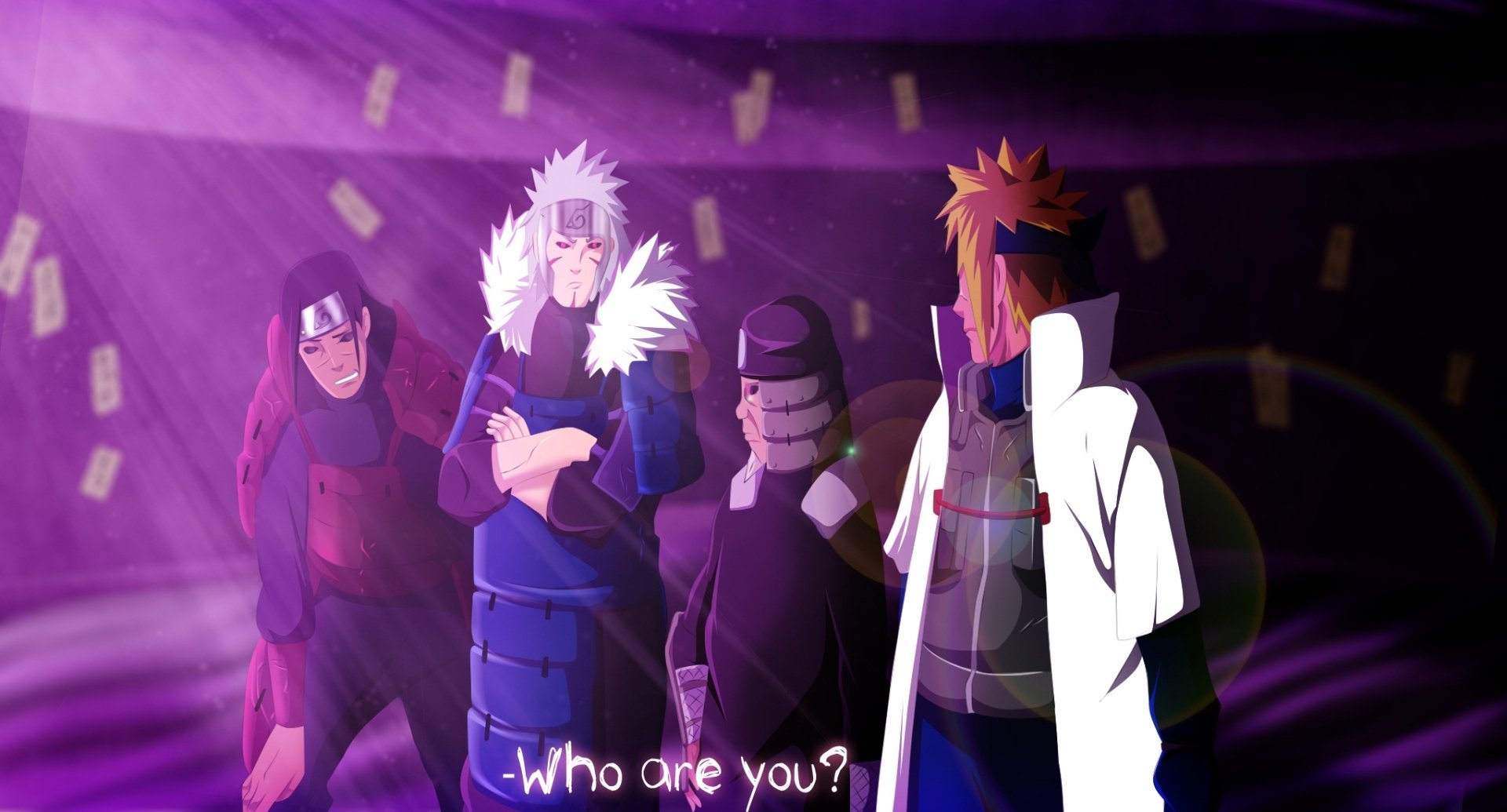 HD anime desktop wallpaper of Hokage (Naruto): Hashirama and Tobirama Senju, Hiruzen Sarutobi and Minato Namikaze bathed in purple light, with the caption Who are you?