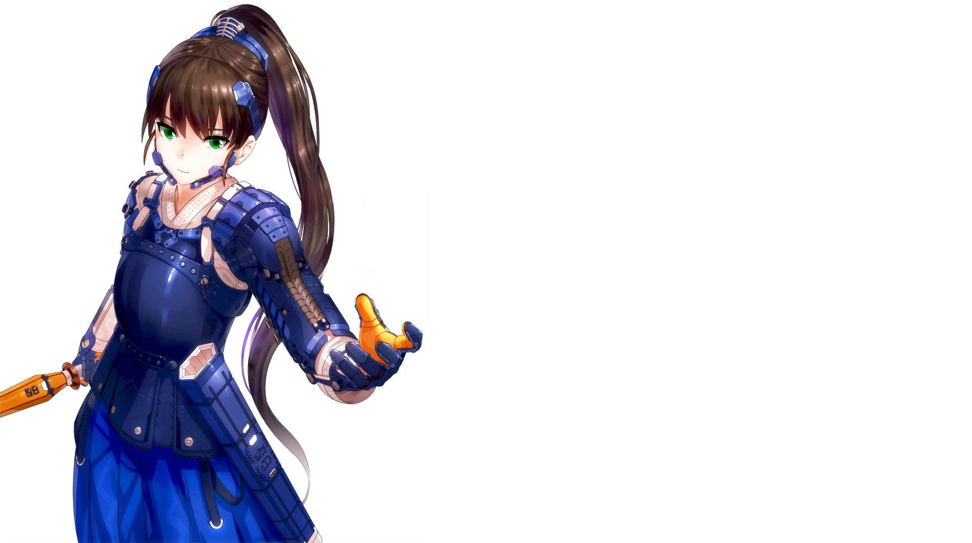 Original anime HD PC desktop wallpaper: long brown-haired girl in a ponytail with green eyes, wearing blue armor and gloves, posed against a white background.