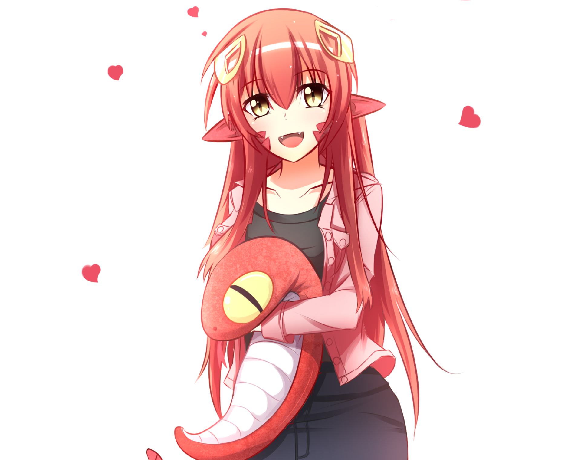 HD anime desktop wallpaper featuring Miia from Monster Musume, smiling and holding a plush snake with small red hearts floating around her.
