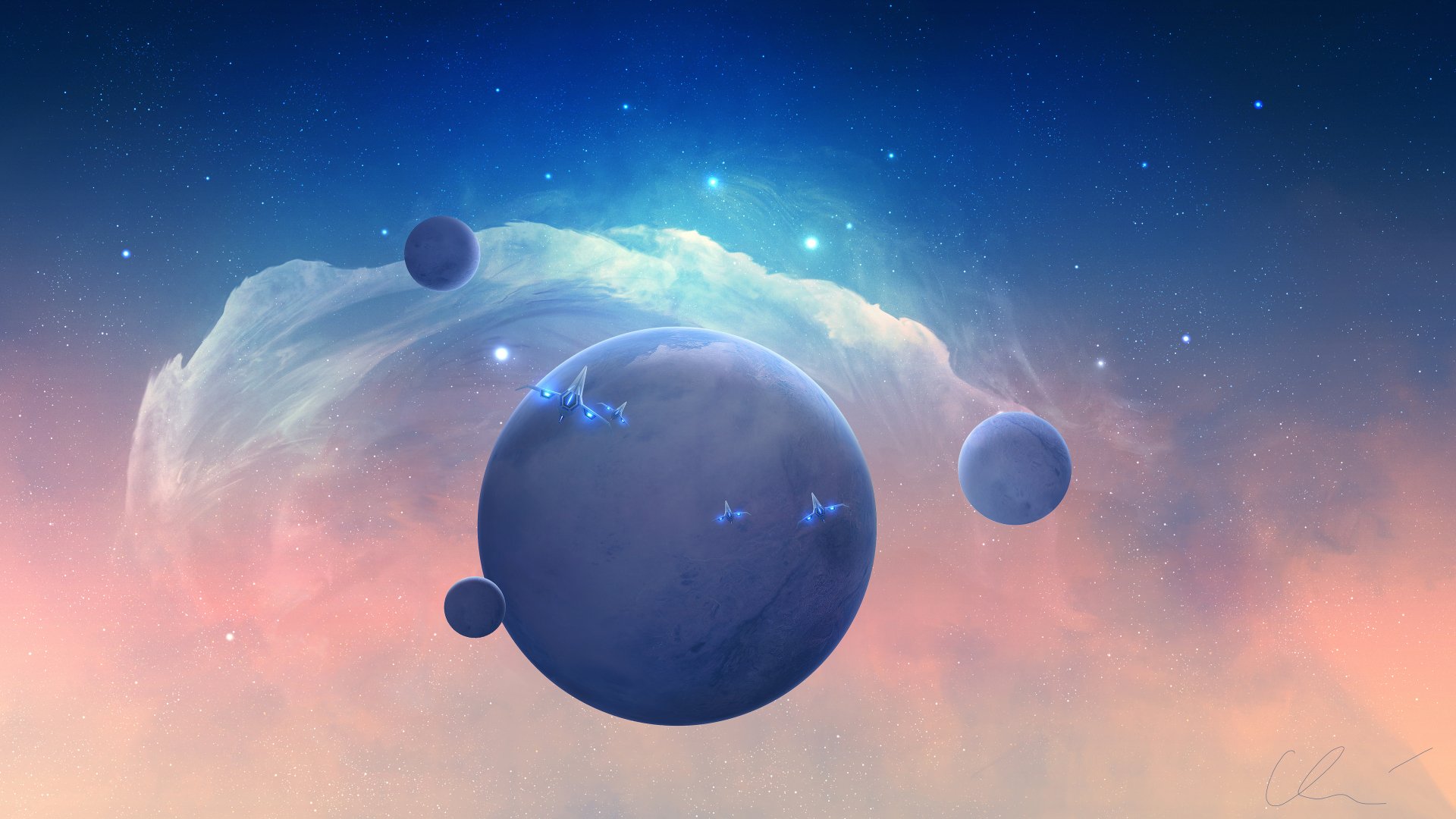 A 4K Ultra HD sci-fi desktop wallpaper depicting a large planet surrounded by smaller moons against a glowing nebula and starry background.