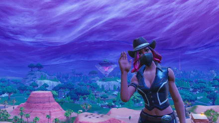 A vibrant 4K Ultra HD Fortnite Battle Royale PC wallpaper featuring a masked character in a stylish outfit waving against a dynamic, purple-hued landscape backdrop.