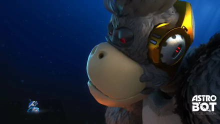 HD desktop wallpaper featuring a close-up of a character from Astro Bot Rescue Mission, set against a starry space background.