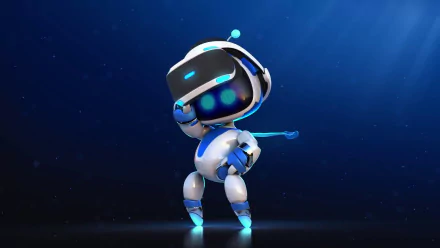 HD desktop wallpaper featuring Astro Bot from Astro Bot Rescue Mission game with a blue, starry background.