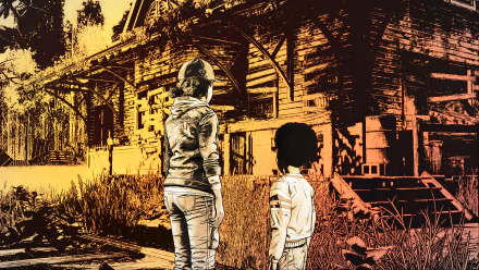 HD PC desktop wallpaper featuring Clementine and AJ from The Walking Dead: The Final Season video game, standing outside a weathered house in an autumnal setting.