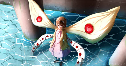 Hinami Fueguchi from Tokyo Ghoul stands in water with tears streaming down her face, her red eyes glowing, short brown hair with a headband, wearing a pink dress and jacket, with Kagune wings spread.