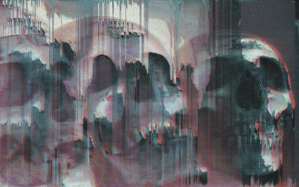 Dark glitch-art 5K Ultra HD PC desktop wallpaper of distorted human skulls, layered with vertical drips, chromatic separation, and digital noise.
