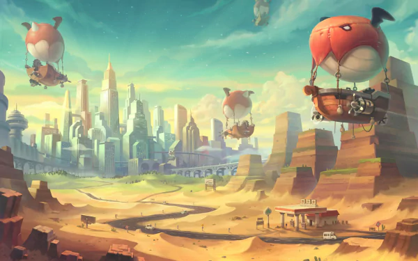 HD MapleStory 2 wallpaper featuring a fantastical cityscape with whimsical blimps in a desert setting.