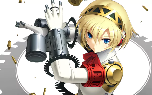 HD desktop wallpaper of Aigis from Persona 3, featuring her short blonde hair, blue eyes, and mechanical arm with floating bullet casings.