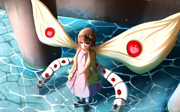 Hinami Fueguchi from Tokyo Ghoul stands in water with tears streaming down her face, her red eyes glowing, short brown hair with a headband, wearing a pink dress and jacket, with Kagune wings spread.