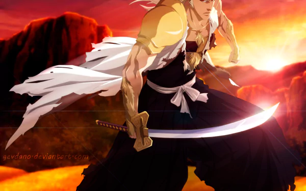 HD anime wallpaper featuring Sajin Komamura from Bleach, poised with his sword against a fiery, dramatic sunset background.