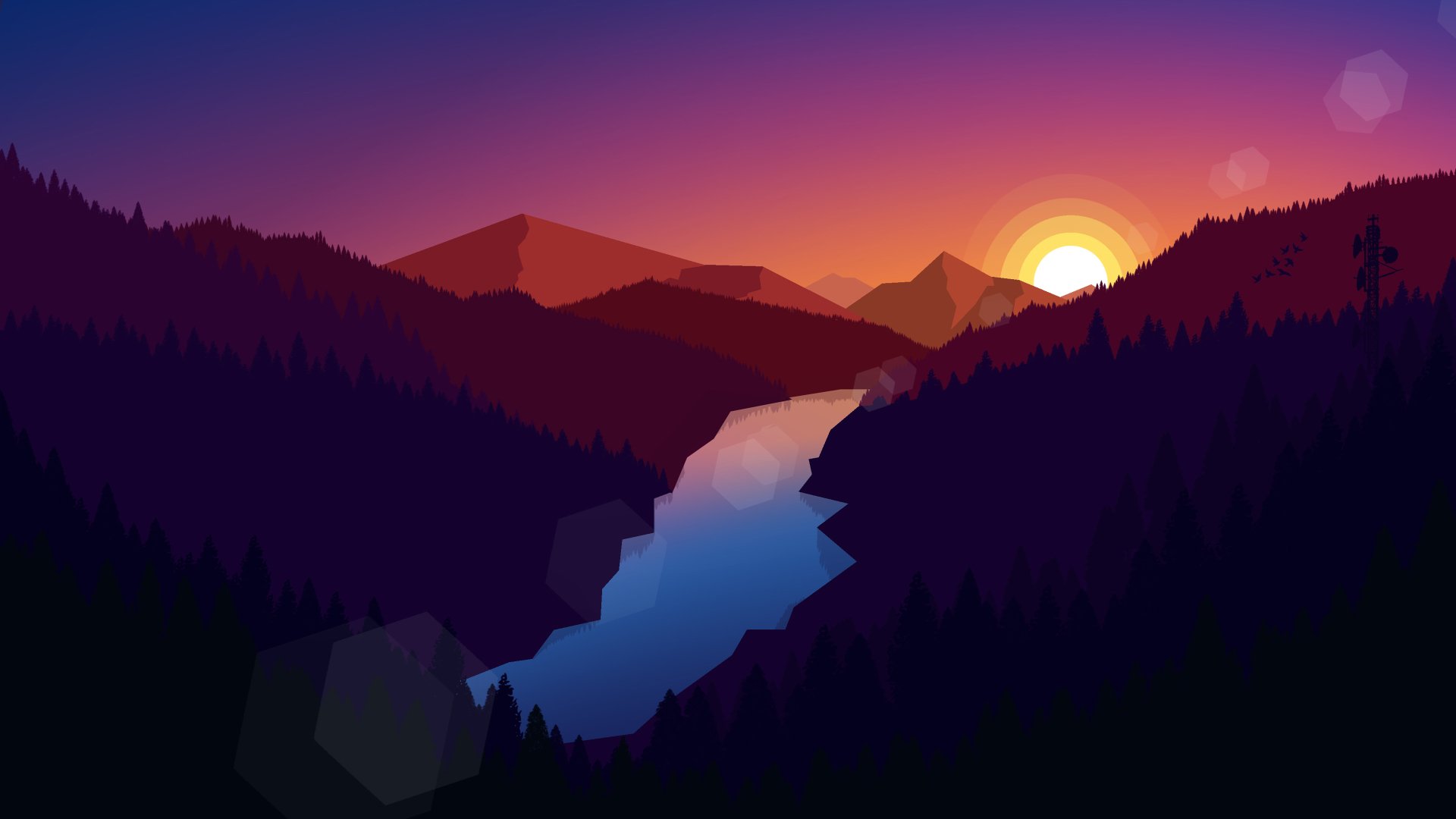 A minimalist artistic landscape of mountains at sunset with a glowing river, rendered in 4K Ultra HD for PC desktop wallpaper and background.