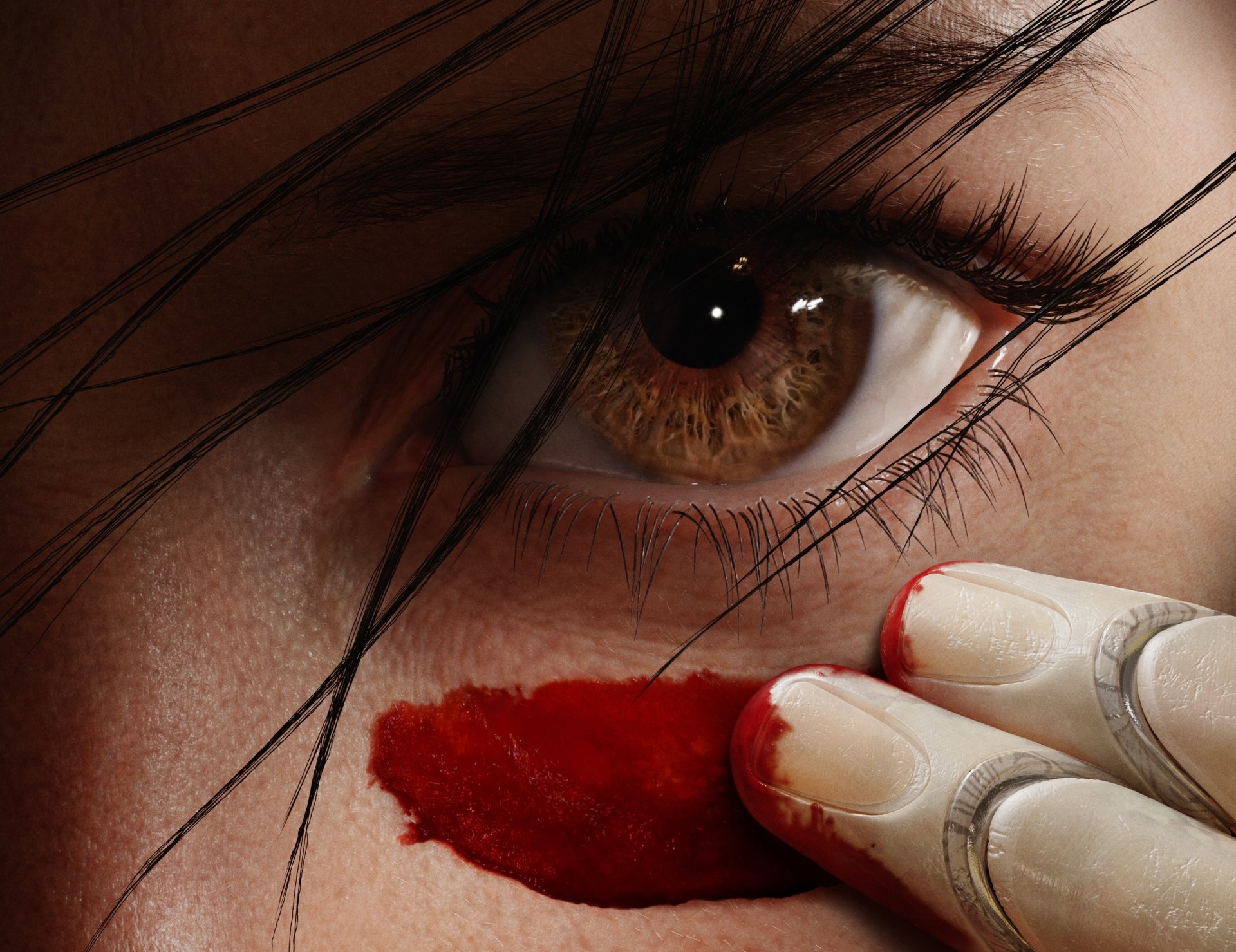 Close-up of Alita's eye from the movie Alita: Battle Angel, with a focus on intricate details and emotion. A striking HD desktop wallpaper and background inspired by Alita: Battle Angel.