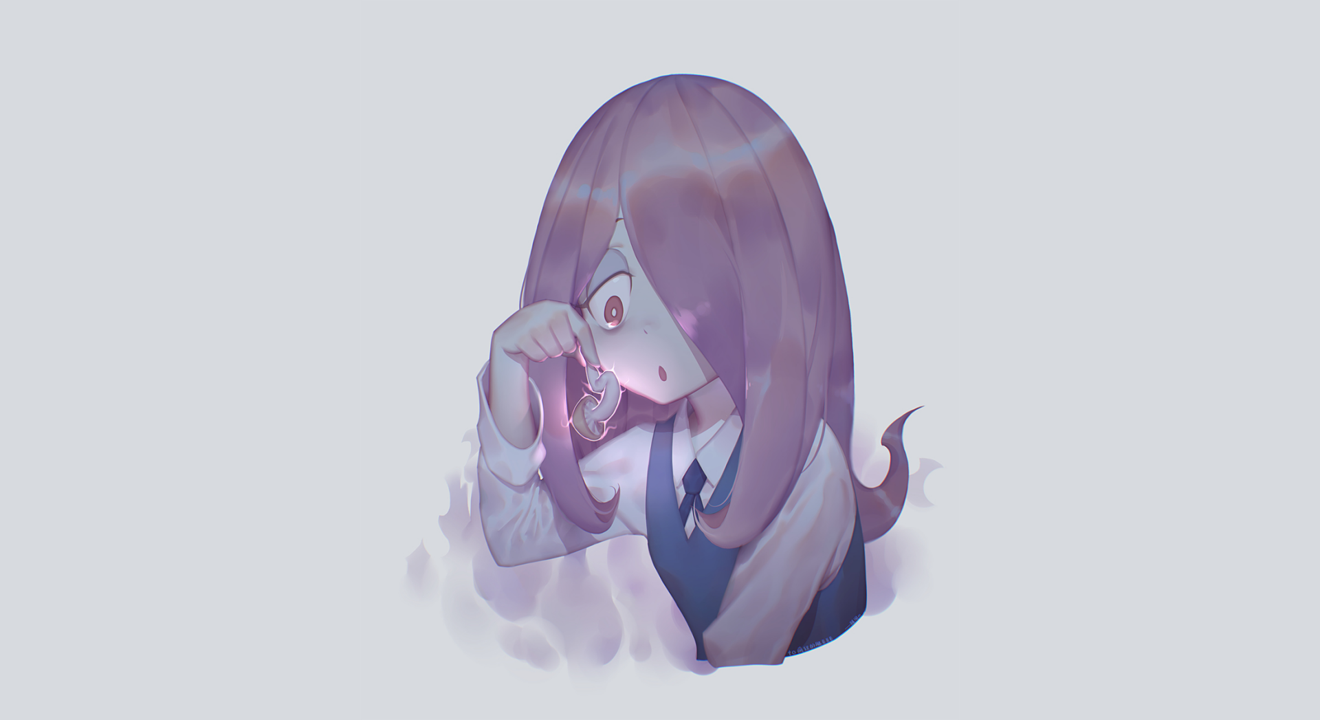 HD PC desktop wallpaper featuring Sucy Manbavaran from the anime Little Witch Academia, depicted with her signature long purple hair and mysterious expression.