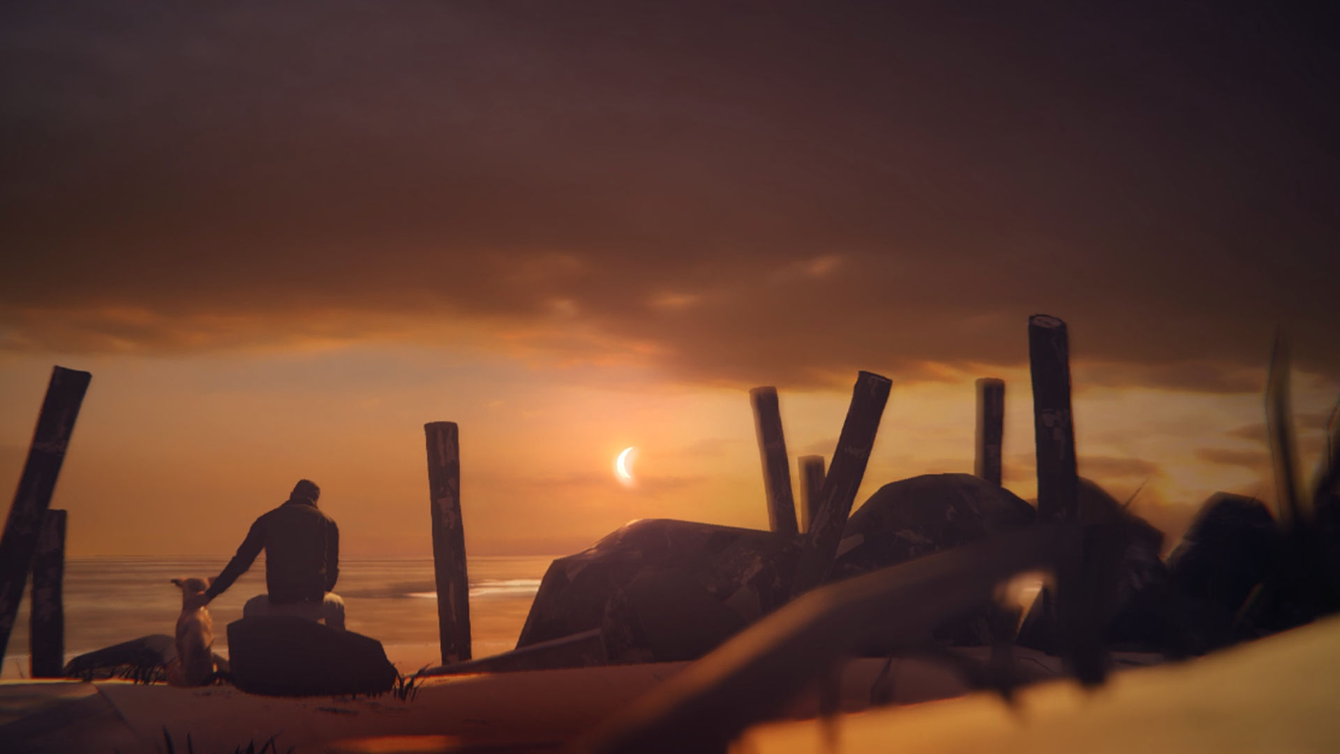 Silhouetted figure and weathered posts on a rocky beach at an orange sunset with a crescent sun — HD PC desktop wallpaper from the video game Life Is Strange.
