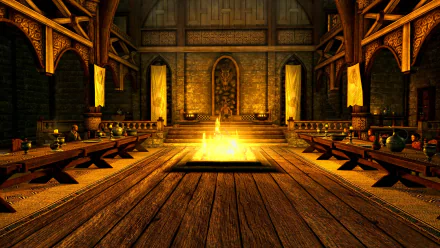The Elder Scrolls V: Skyrim HD PC desktop wallpaper — grand mead hall interior with long wooden tables, a roaring central fire pit and vaulted timber beams lit by torchlight.