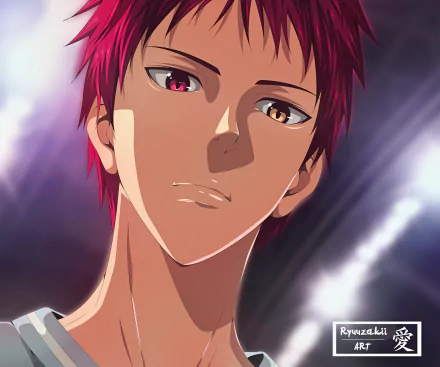 HD desktop wallpaper: close-up of Seijūrō Akashi (Kuroko's Basketball) with red hair, heterochromatic eyes and an intense, composed expression against dramatic lighting.