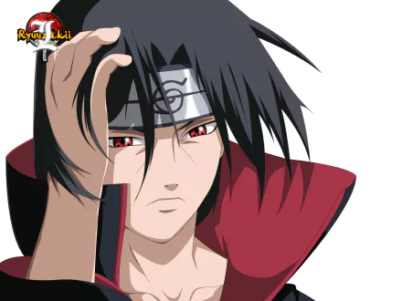 HD anime wallpaper featuring Itachi Uchiha from Naruto, showcasing his iconic red eyes and headband in a close-up portrait.