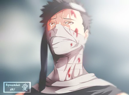 HD wallpaper featuring Zabuza Momochi from Naruto, with a solemn expression and bloodstains on his face and bandages. The background is a soft gradient, adding emphasis to his intense gaze.