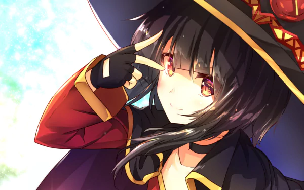 HD PC desktop wallpaper featuring Megumin from the anime KonoSuba - God’s blessing on this wonderful world!! in her signature witch outfit with a bright sky background.