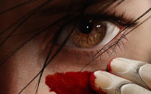 Close-up of Alita's eye from the movie Alita: Battle Angel, with a focus on intricate details and emotion. A striking HD desktop wallpaper and background inspired by Alita: Battle Angel.