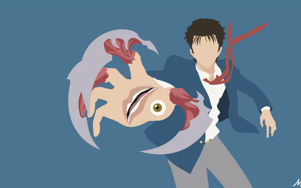 8K Ultra HD anime wallpaper featuring Shinichi Izumi and Migi from Parasyte -the maxim-, depicted with dynamic poses against a solid blue background.