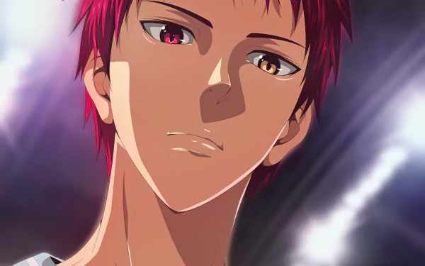 HD desktop wallpaper: close-up of Seijūrō Akashi (Kuroko's Basketball) with red hair, heterochromatic eyes and an intense, composed expression against dramatic lighting.