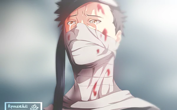 HD wallpaper featuring Zabuza Momochi from Naruto, with a solemn expression and bloodstains on his face and bandages. The background is a soft gradient, adding emphasis to his intense gaze.