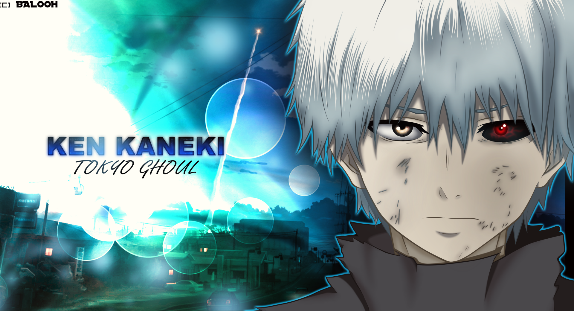 Ken Kaneki from Tokyo Ghoul: close-up anime portrait with white hair, one red eye and smudged face against teal cityscape and light effects — 2K Quad HD PC desktop wallpaper/background.
