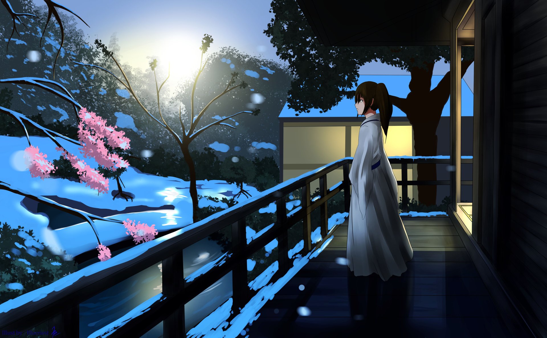 Anime-style winter morning scene with a character standing on a wooden balcony overlooking snowy landscape and blooming pink flowers. 4K Ultra HD original winter anime wallpaper.