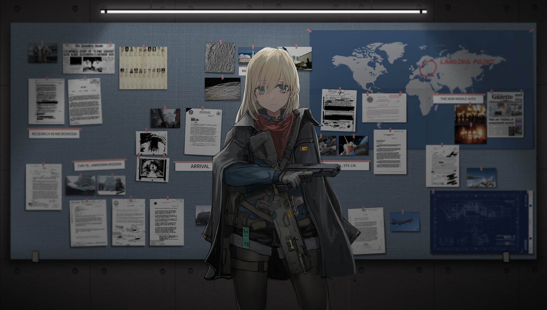 Anime-style original 4K Ultra HD desktop wallpaper featuring a blonde soldier in tactical gear standing confidently before a detailed investigation board.